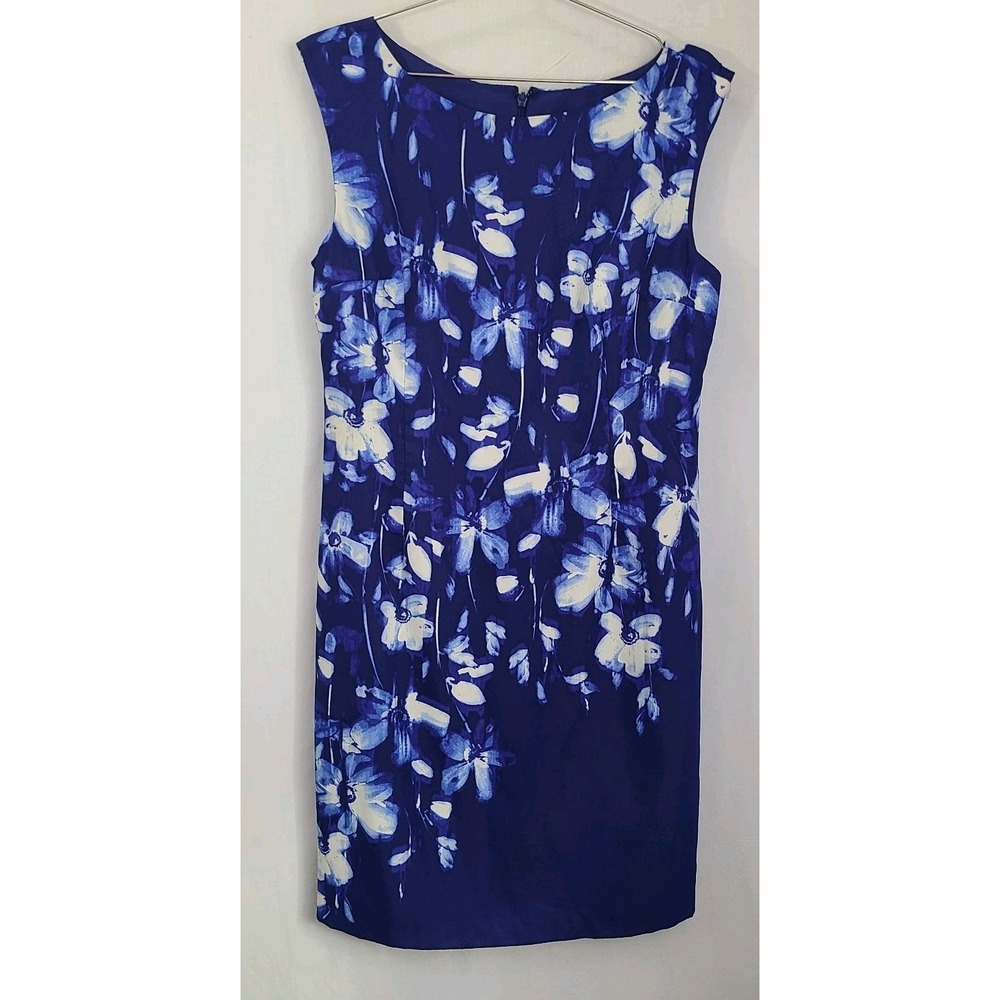 Ann Taylor Sz.8 Sheath Dress Blue Floral Sleeveless Office Professional Dressy